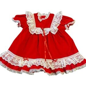Red baby dress with white lace trim, ribbon tie & lace ruffle collar bab…